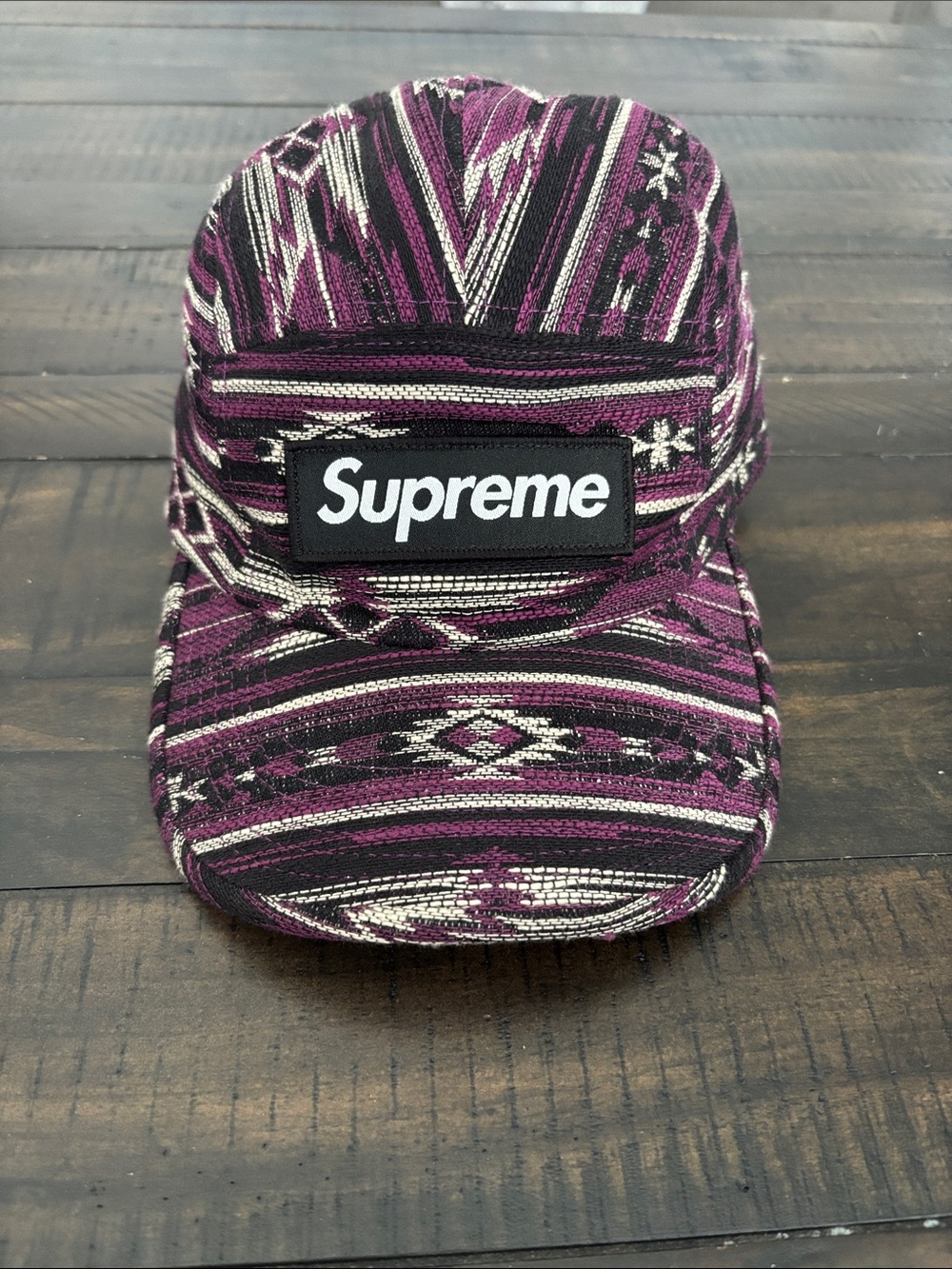 Supreme Purple Patterned Camp Cap with Black Logo Patch